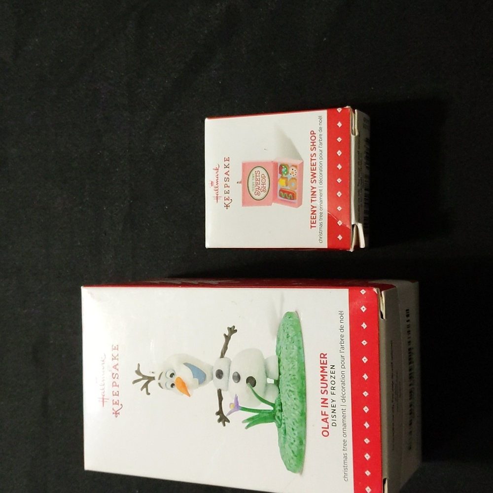 2x 2015 Hallmark Keepsake Ornament Disney Olaf In Summer & Teeny Tiny Sweet Shop